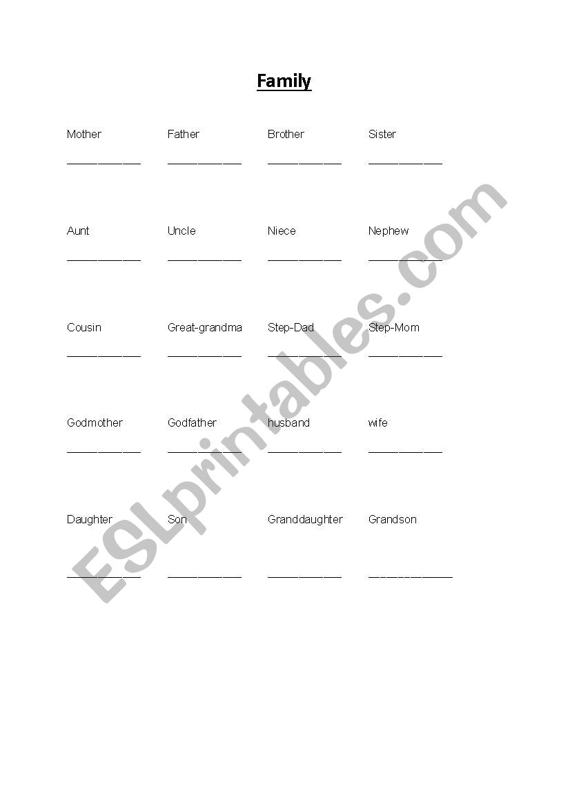 Family Titles worksheet