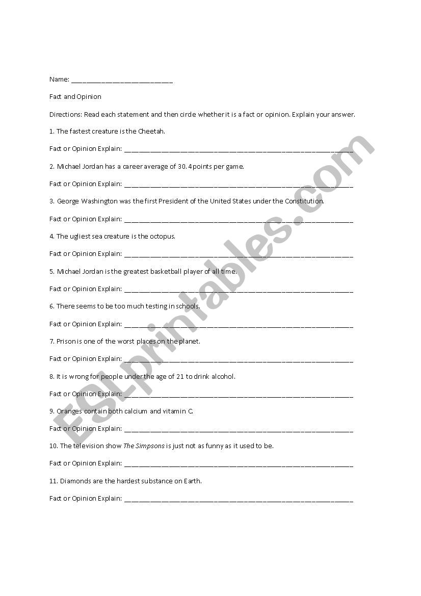 Fact and Opinion worksheet