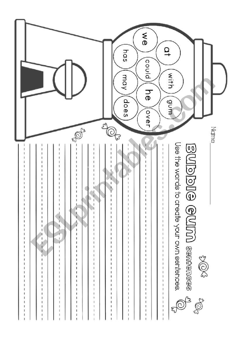 Bubble Gum Sentences worksheet