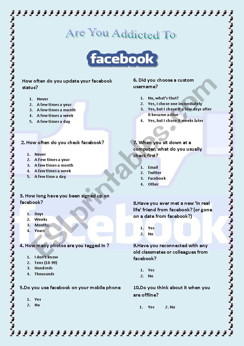 Are you addicted to Facebook worksheet