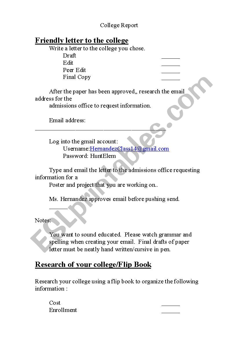 College Report worksheet