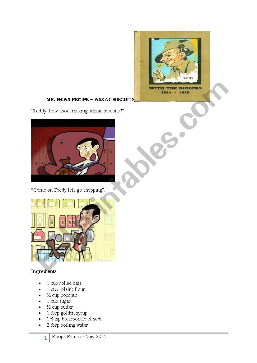 Mr.Bean making ANZAC biscuits worksheet