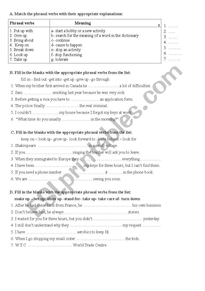 wophrasal verbs worksheet