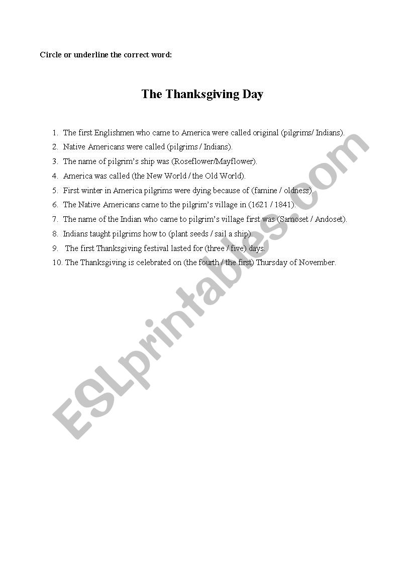 The Thanksgiving day worksheet