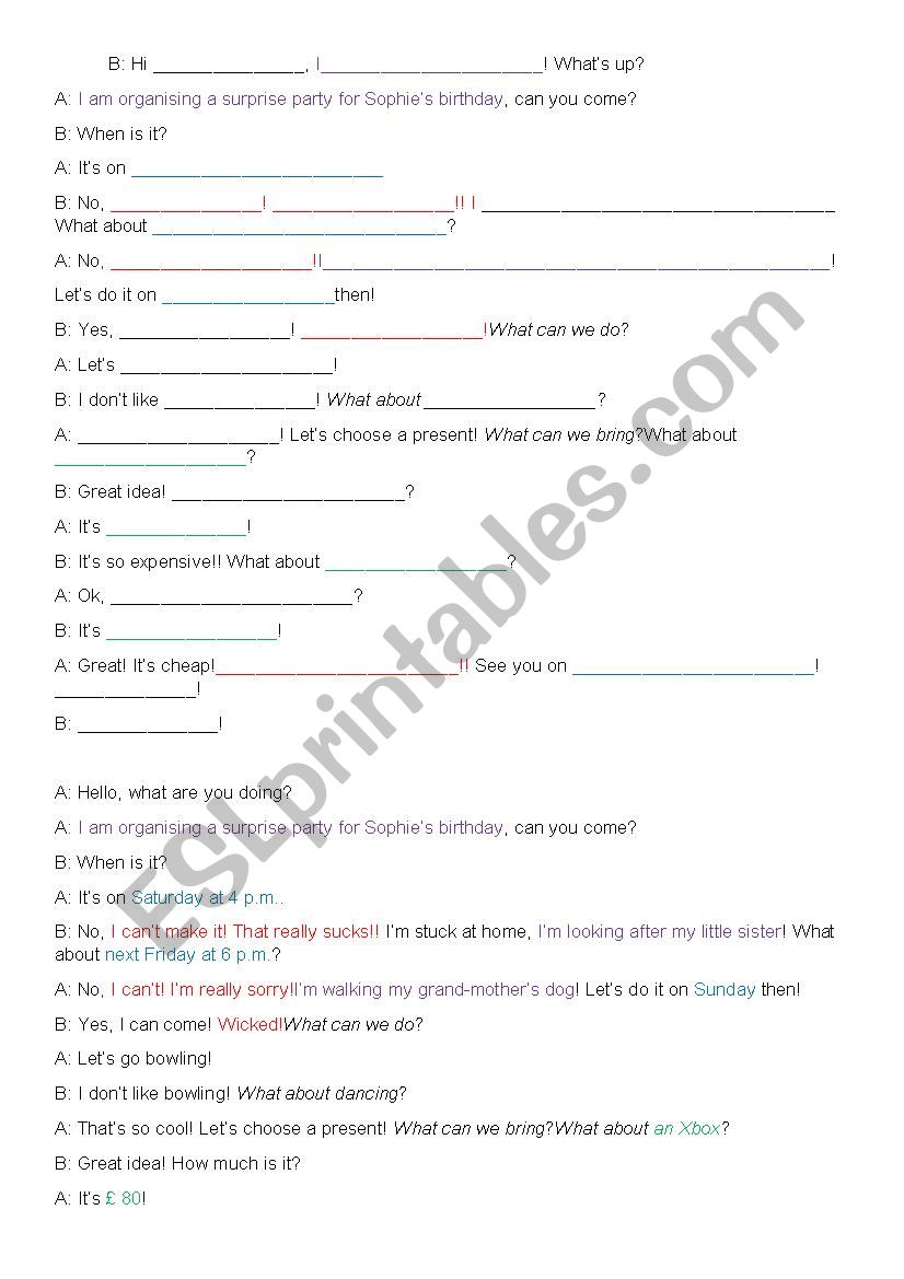 Inviting a friend to a party worksheet