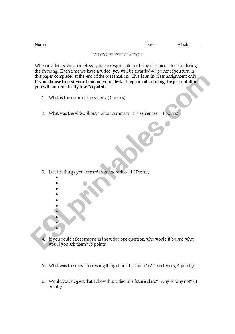 General Video Guide worksheet