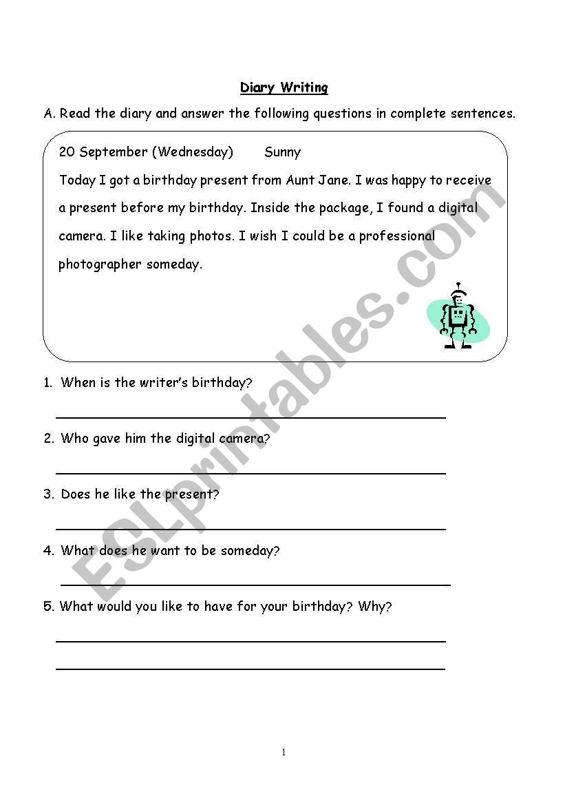 Diary Writing ESL Worksheet By Purple sea