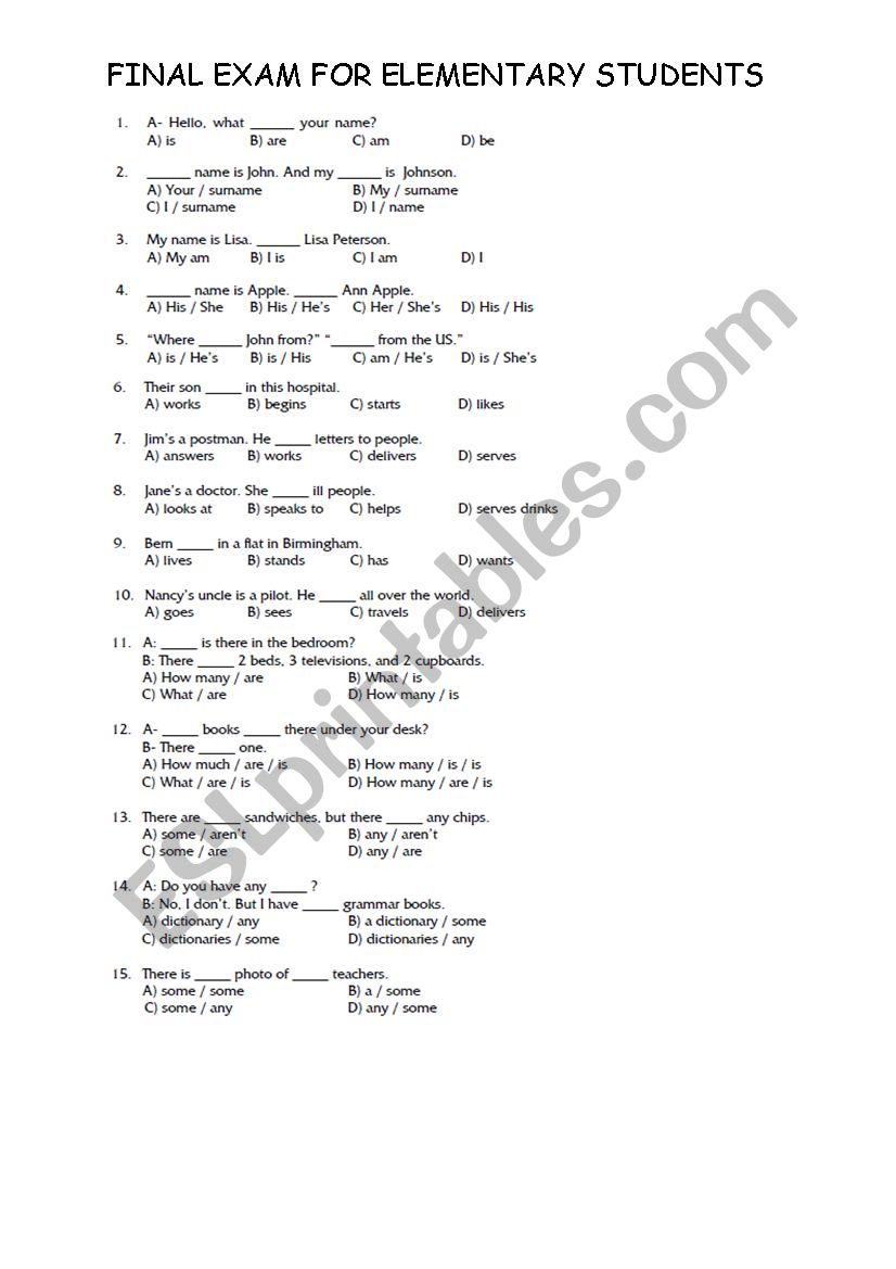 elementary final exam worksheet