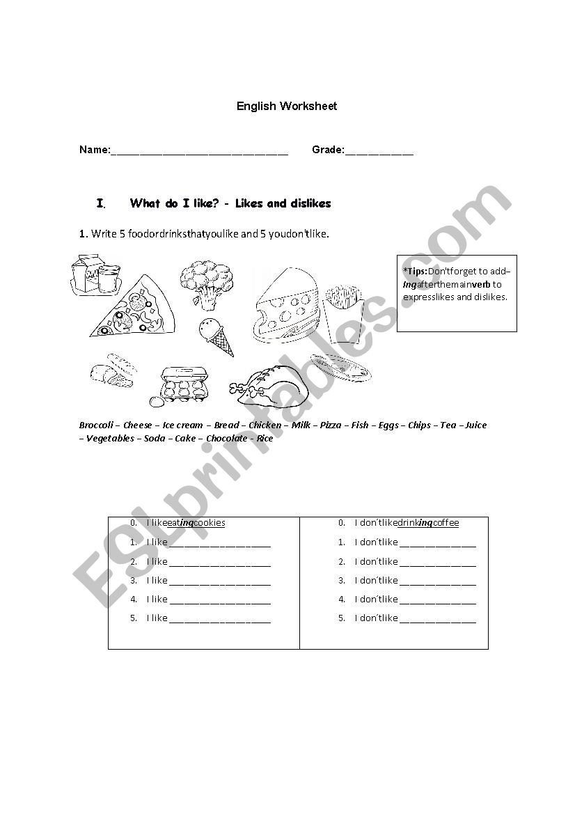 Likes and dislikes worksheet