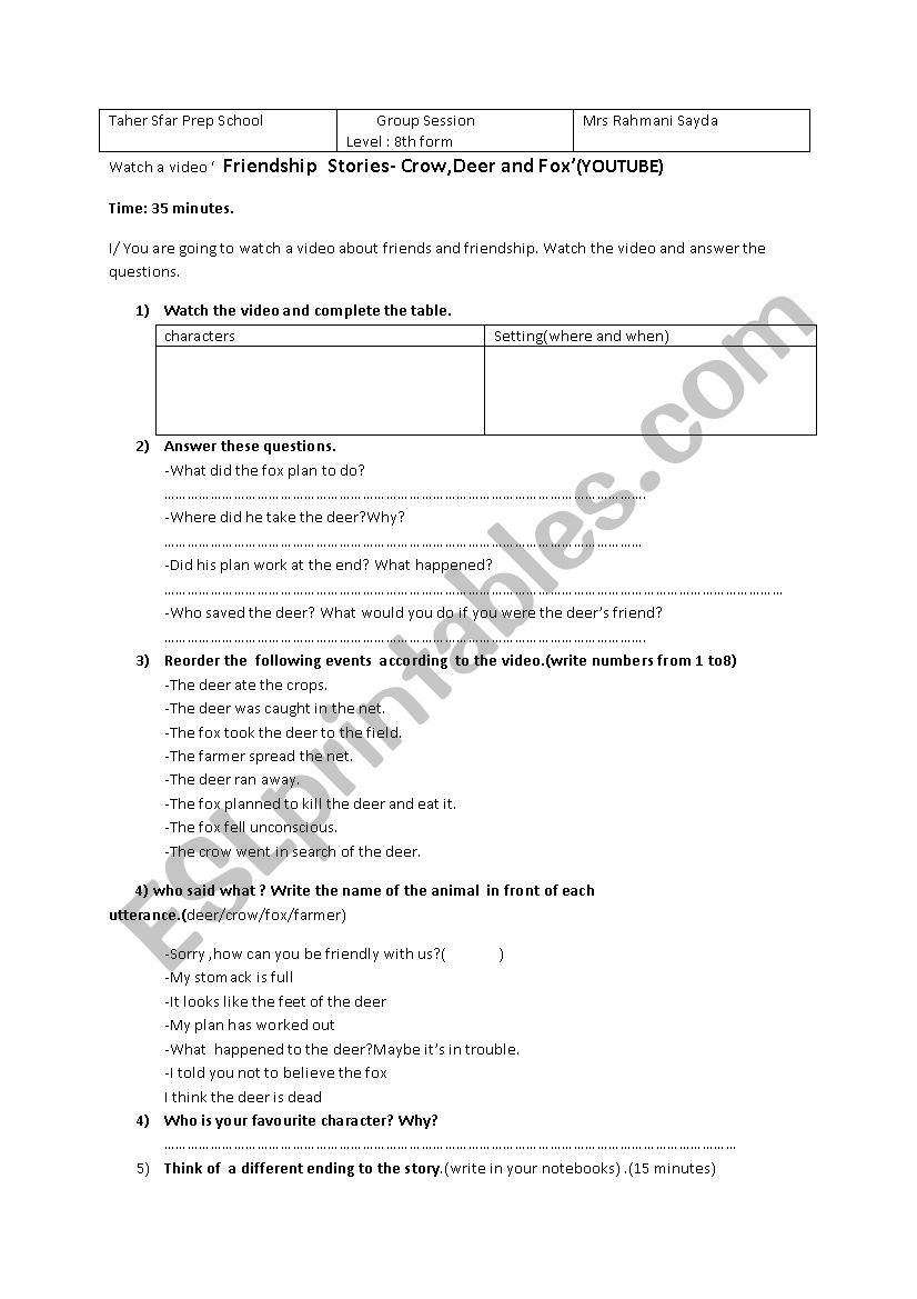 friendship stories worksheet