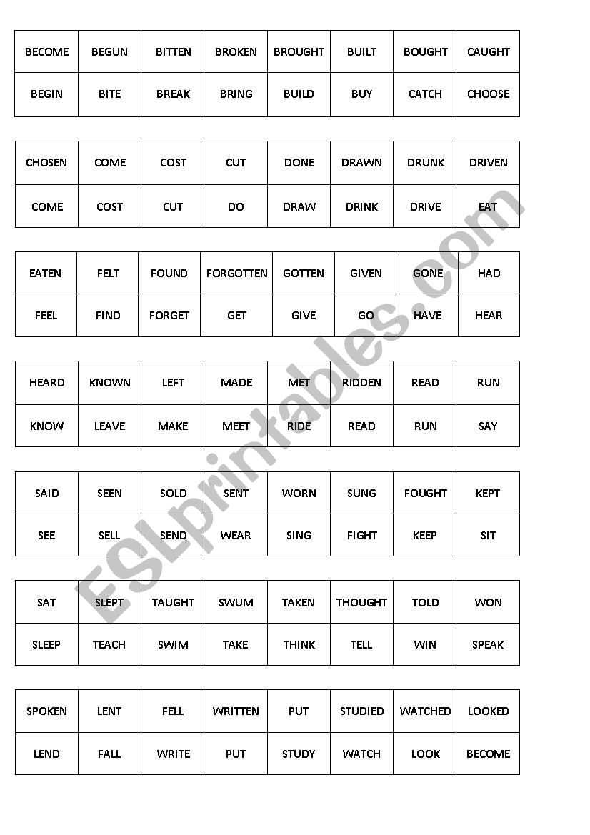 Past participle domino worksheet