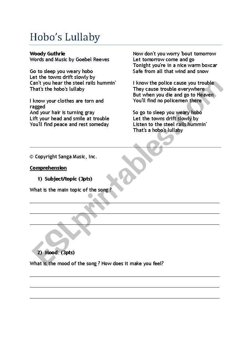 Hobos Lullaby Song Activity worksheet