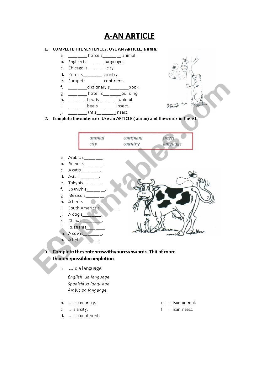 Articles worksheet