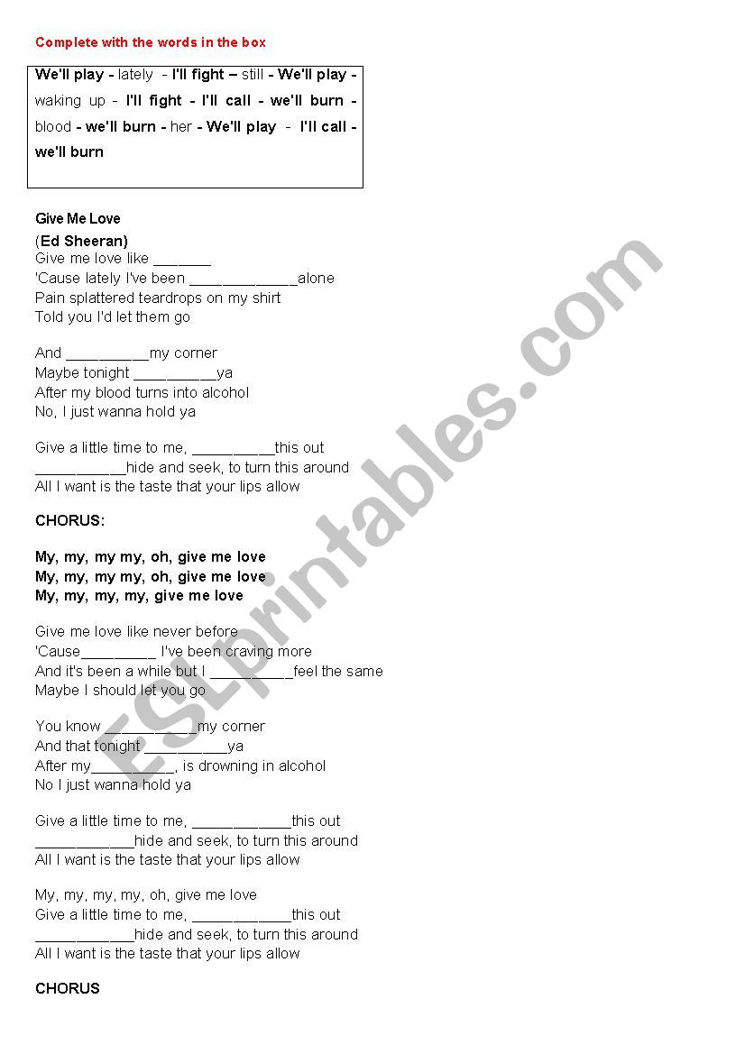 song give me love worksheet