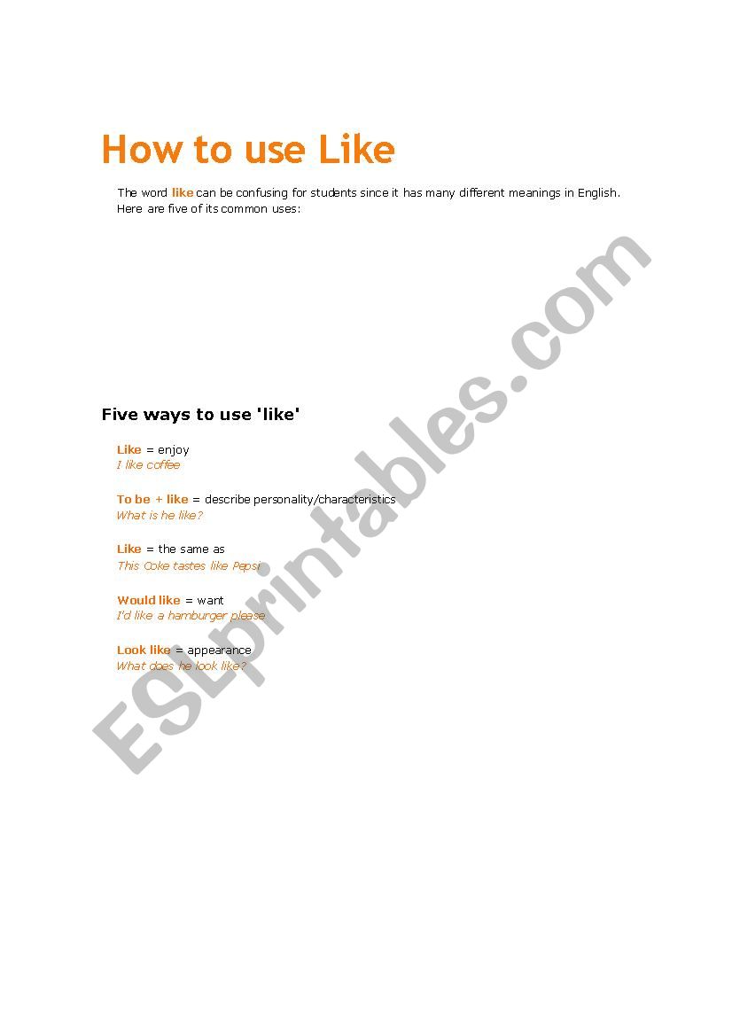 how to use like worksheet