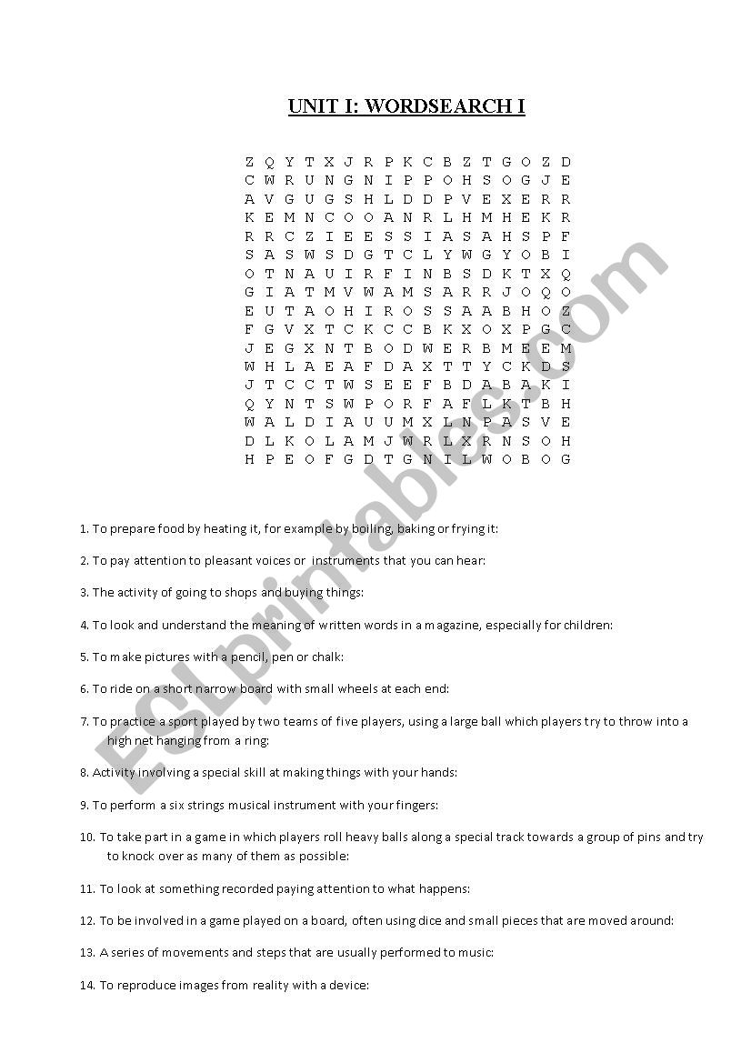 Crossword with definitions worksheet