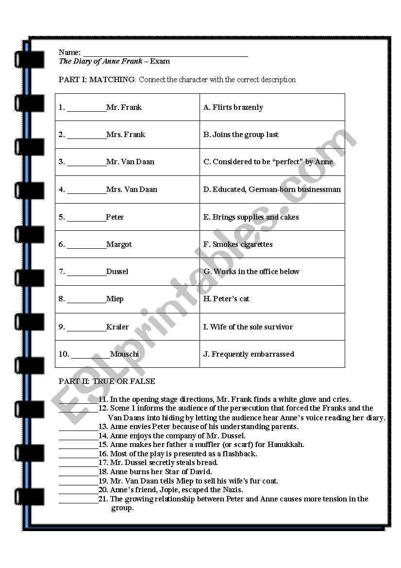 Anne Frank Vocabulary Worksheets The Diary Of Anne Frank Vocabulary Worksheet For 7th 9th