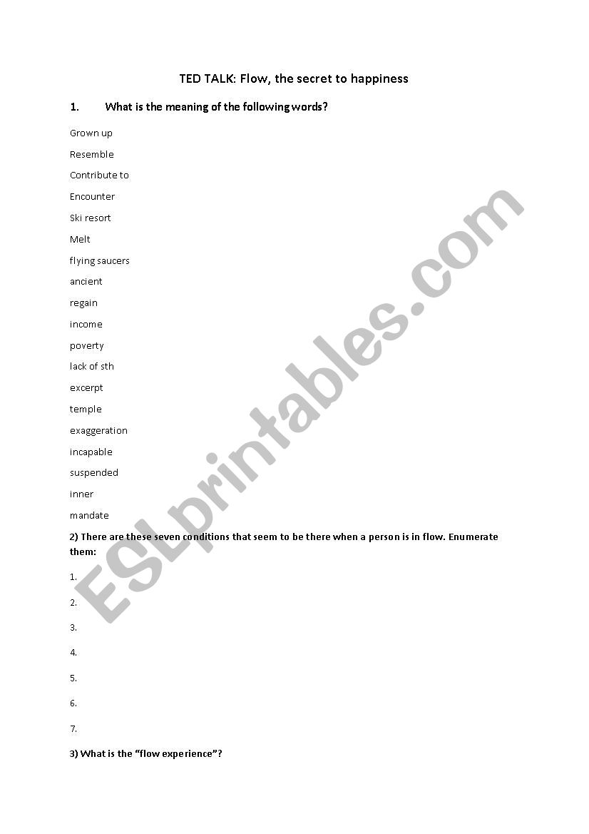 TED worksheet on the speech Flow, the secret to happiness