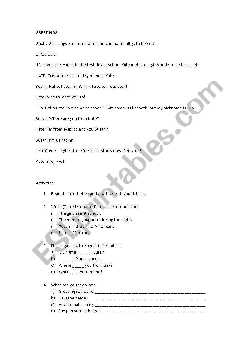 Greetings activities worksheet