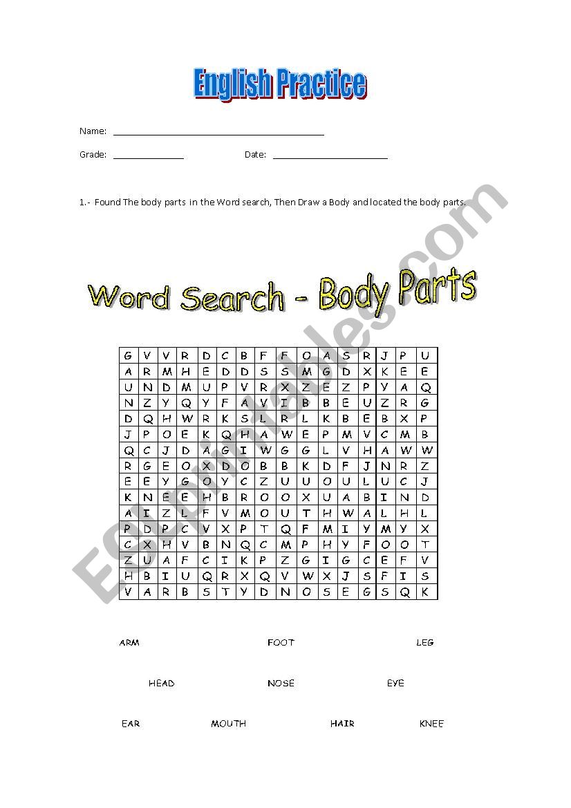 body parts worksheet