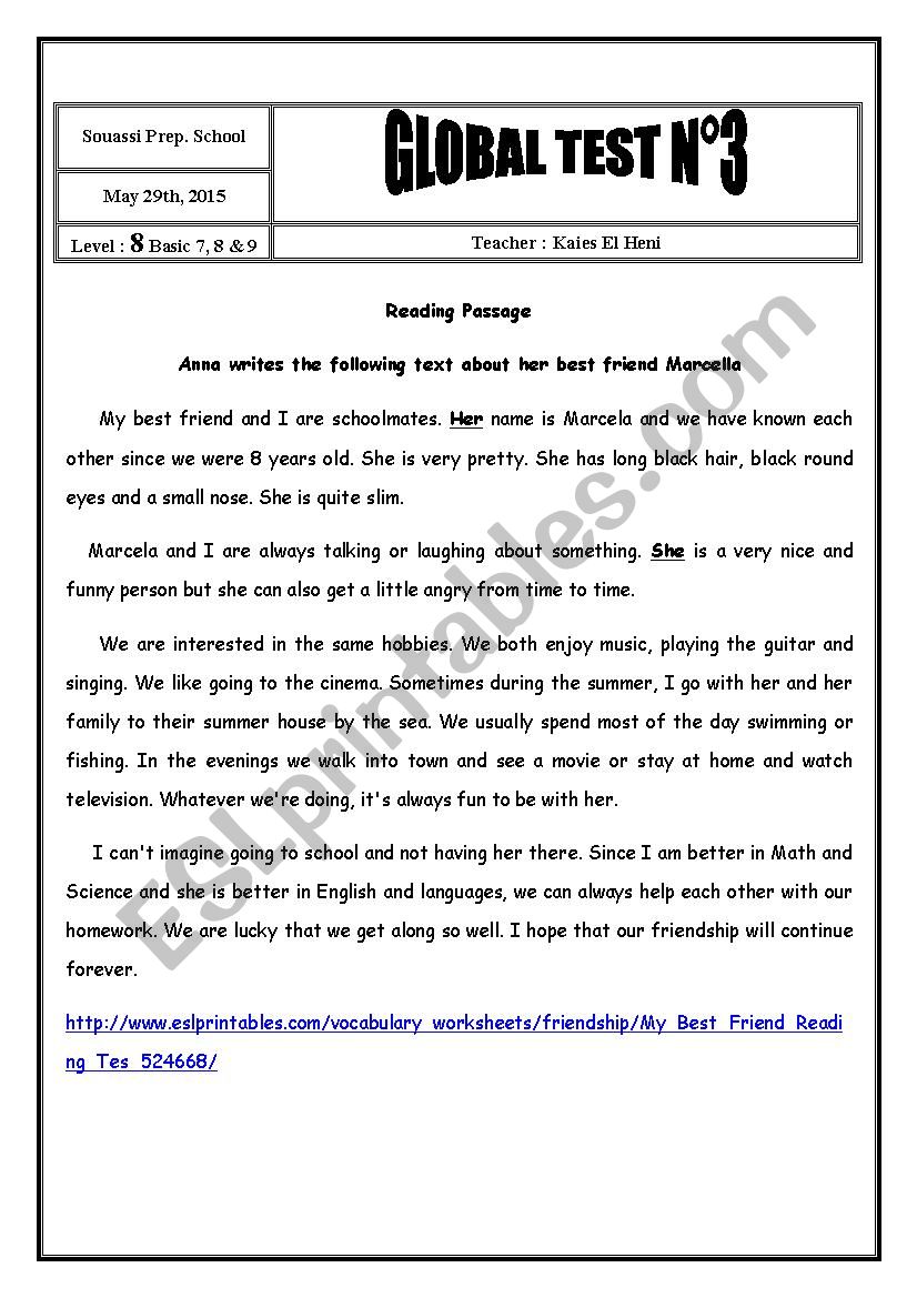 8th Form Global Test 3 worksheet