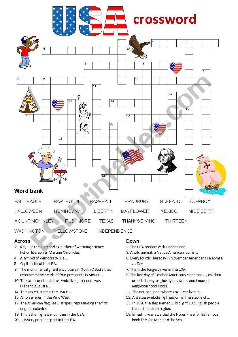 The Usa Crossword Esl Worksheet By Chansonierka