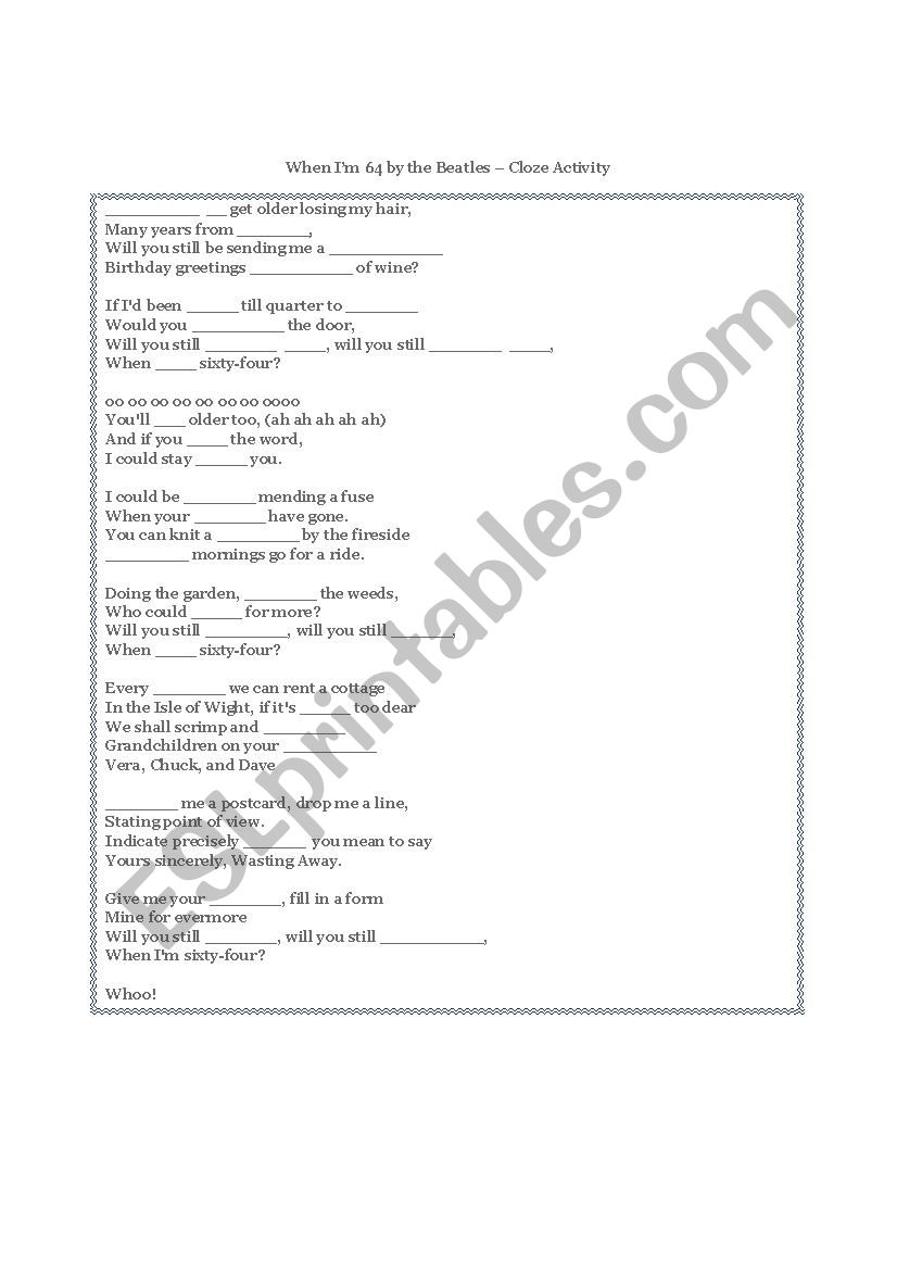 When I M 64 Cloze Activity Esl Worksheet By Viemeister