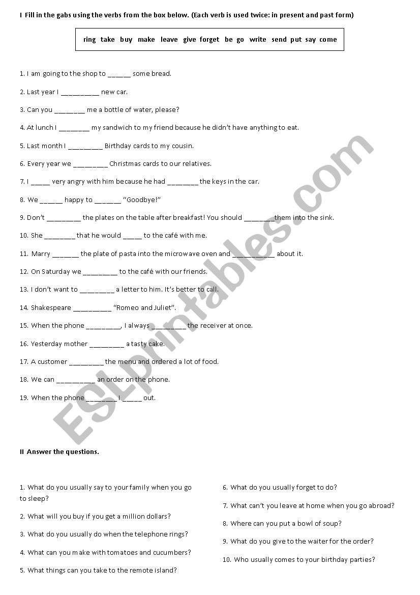 irregular verbs II column worksheet