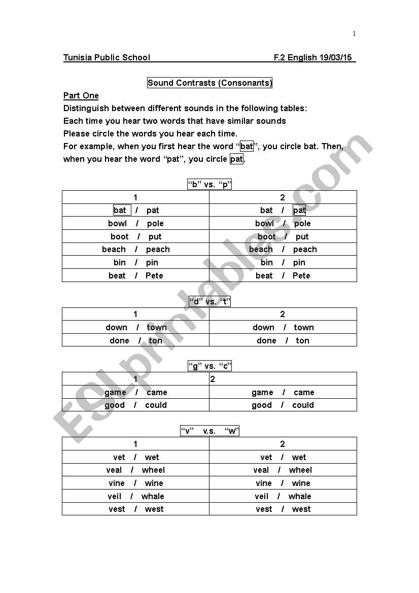 Sound Contrasts (Consonants) worksheet