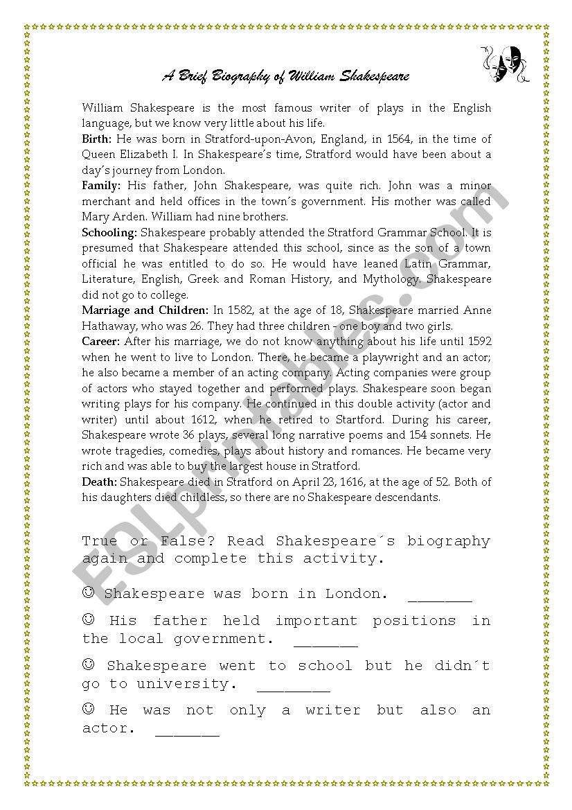 a&e shakespeare biography worksheet answers