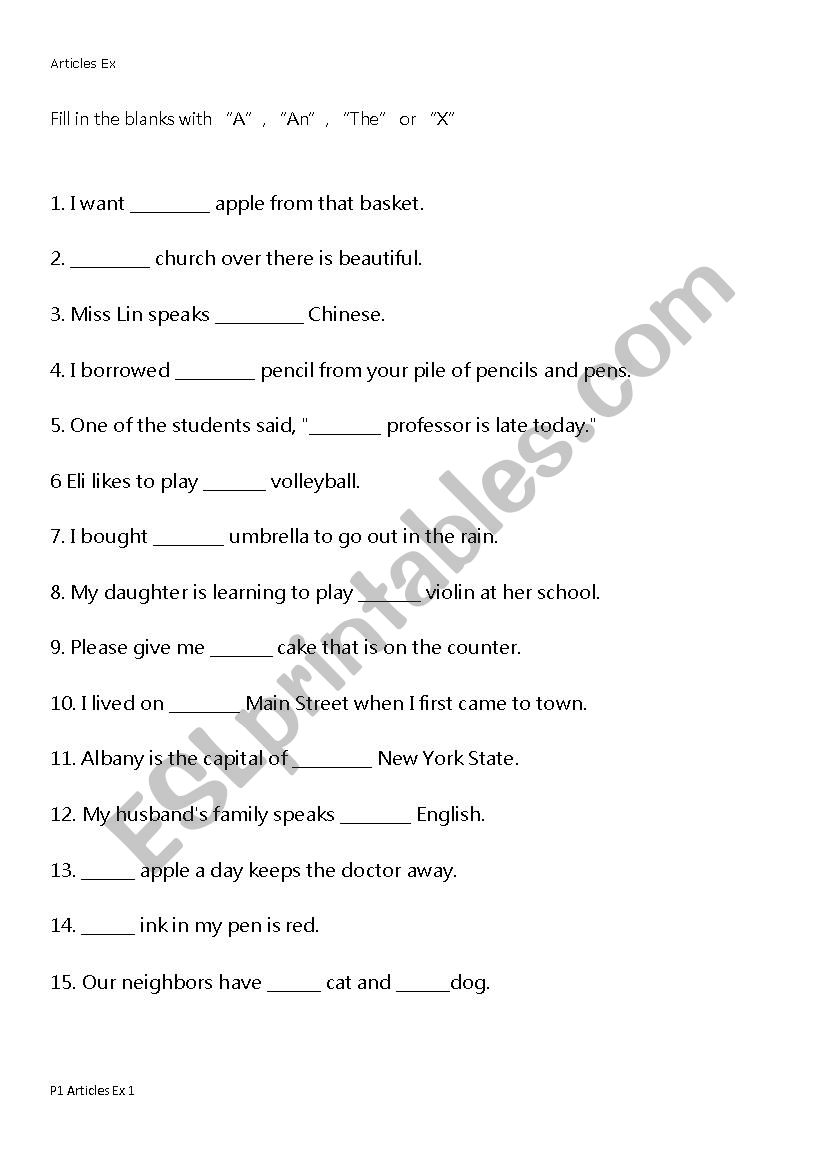 Simple Articles worksheet