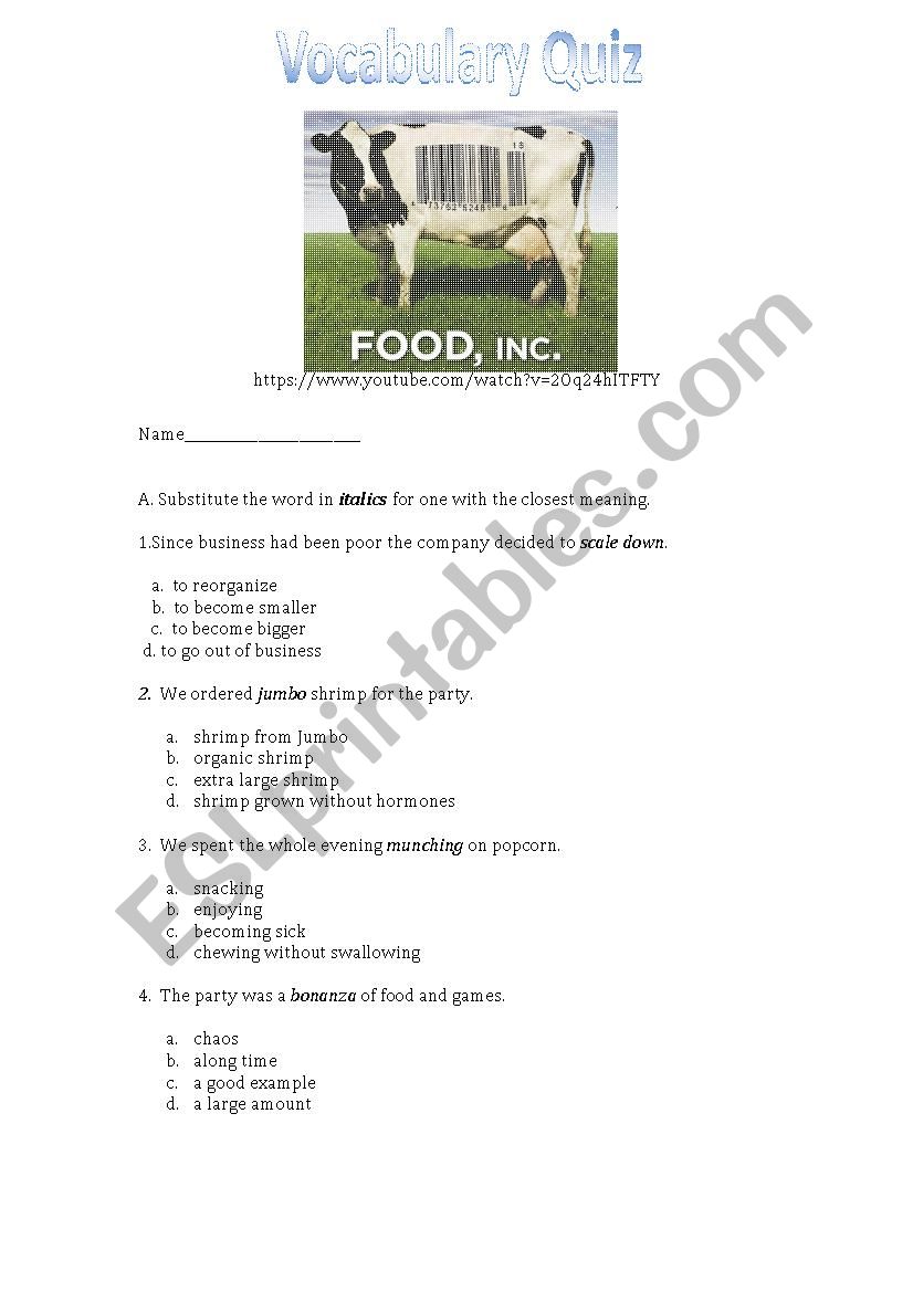 FOOD INC Vocabulary worksheet