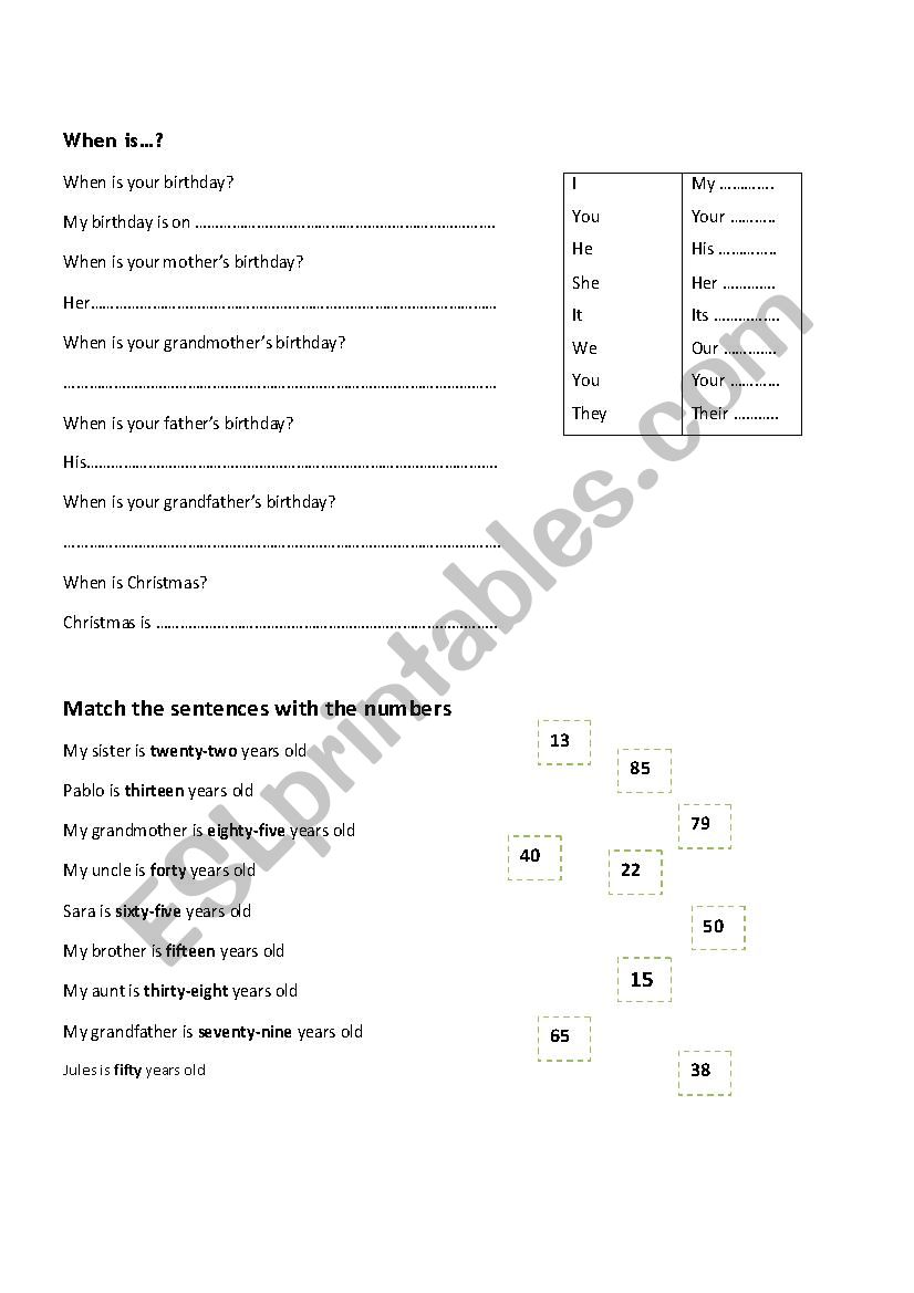 Birthdays and numbers  worksheet