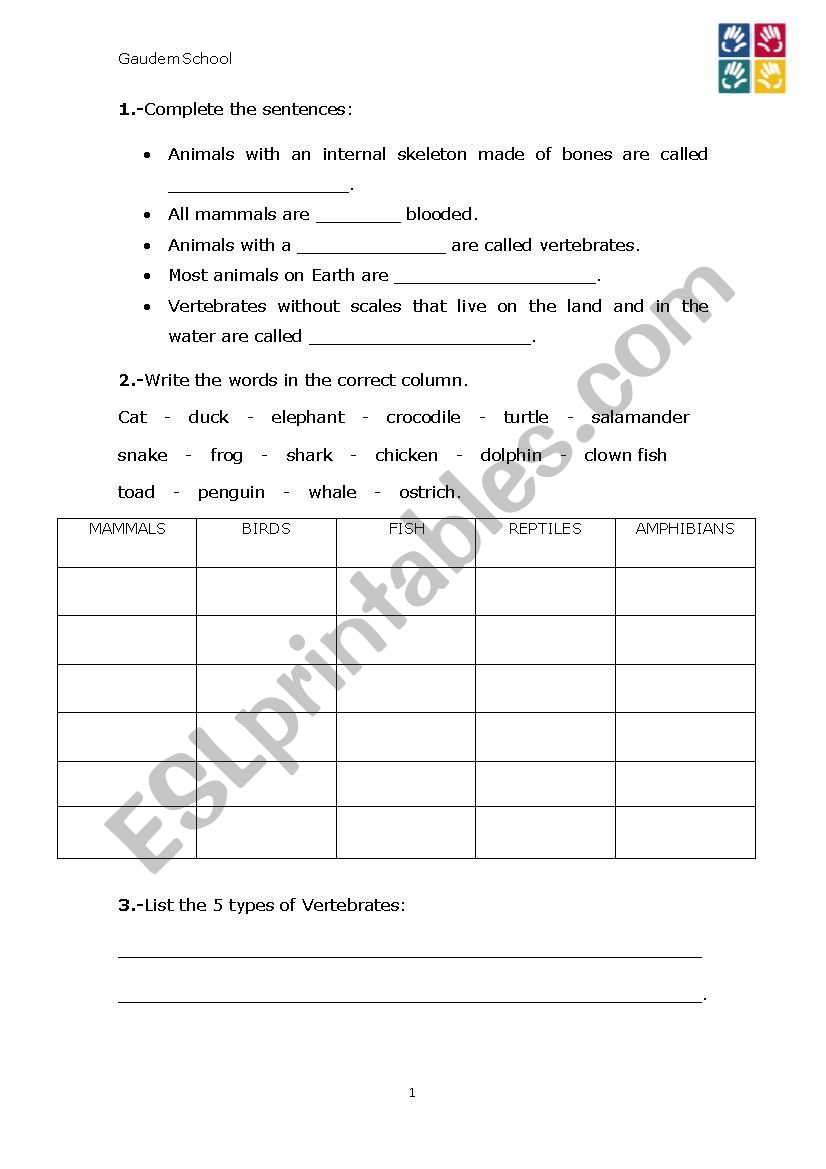 Vertebrate test worksheet