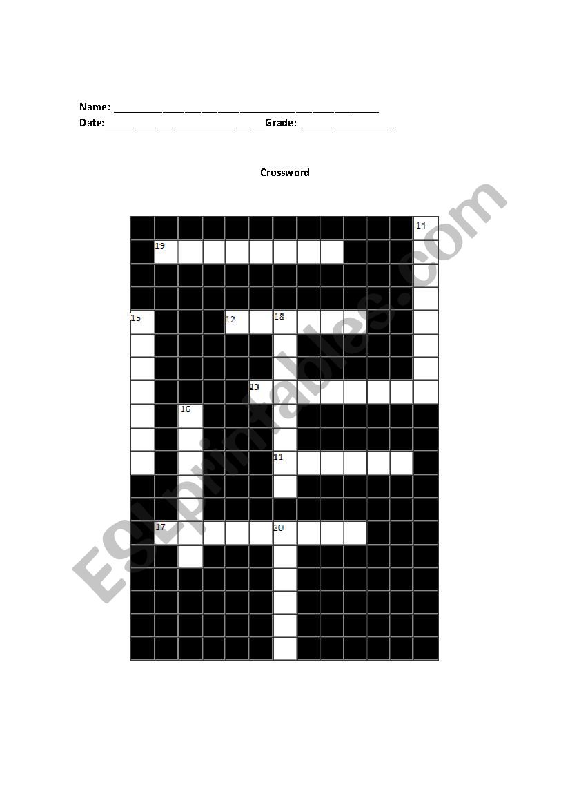 Numbers 11-20 crossword worksheet