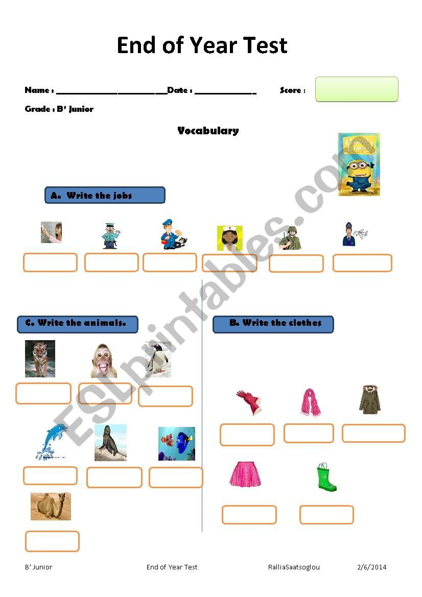 End Of Year Test For B´ Junior - ESL Worksheet By Rallia