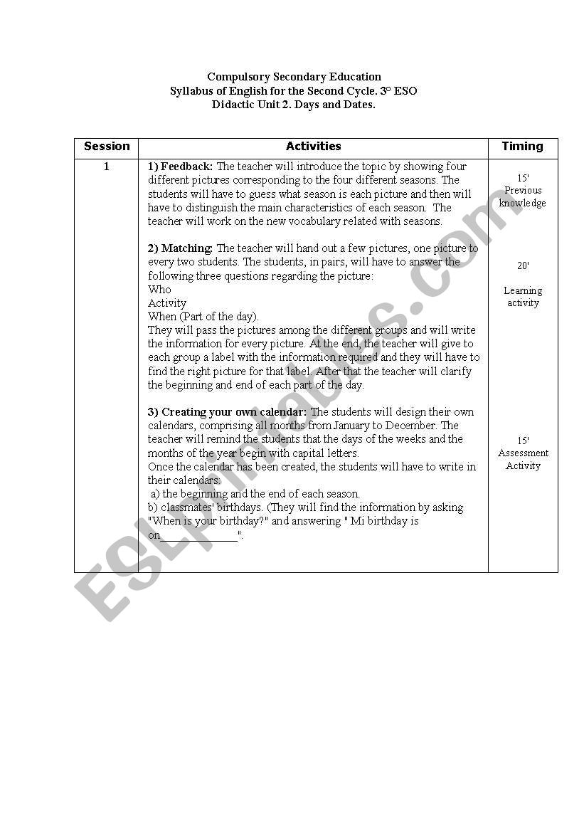 Days and dates worksheet