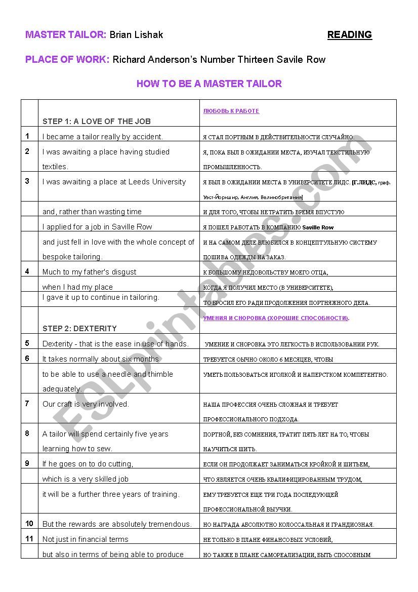 Master tailor worksheet