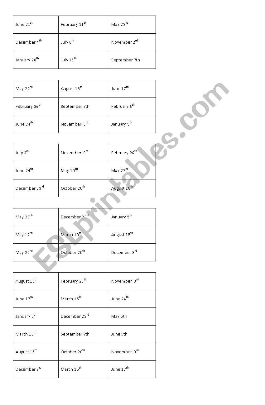 Dates bingo worksheet