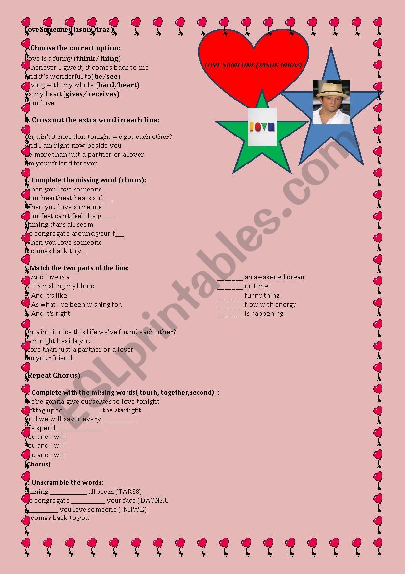 LOVE SOMEONE (JASON MRAZ) worksheet