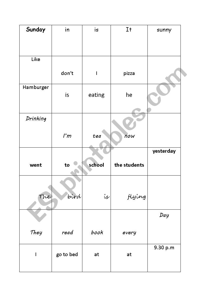 sentence order game - ESL worksheet by tonyadam