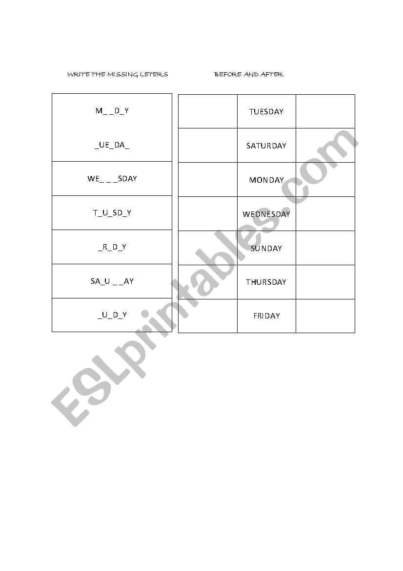 Days of the week worksheet