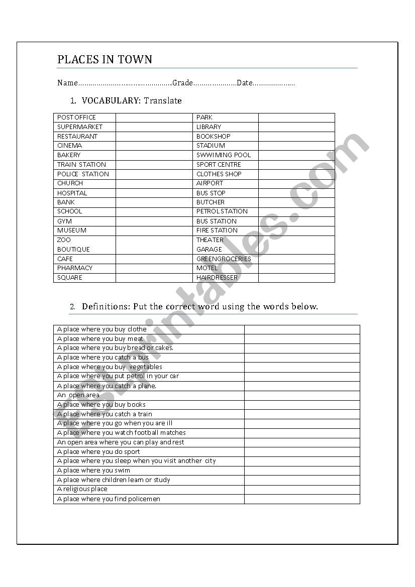 Places in town vocabulary worksheet