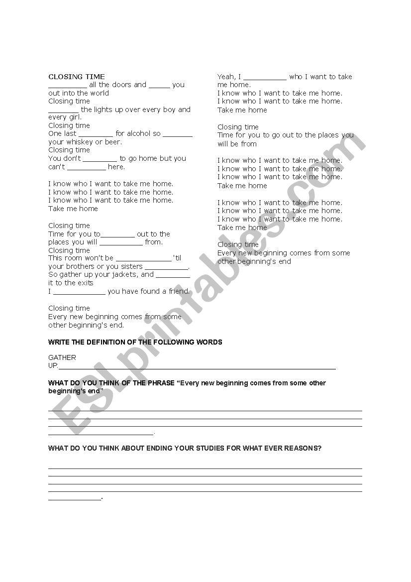 closing time worksheet worksheet