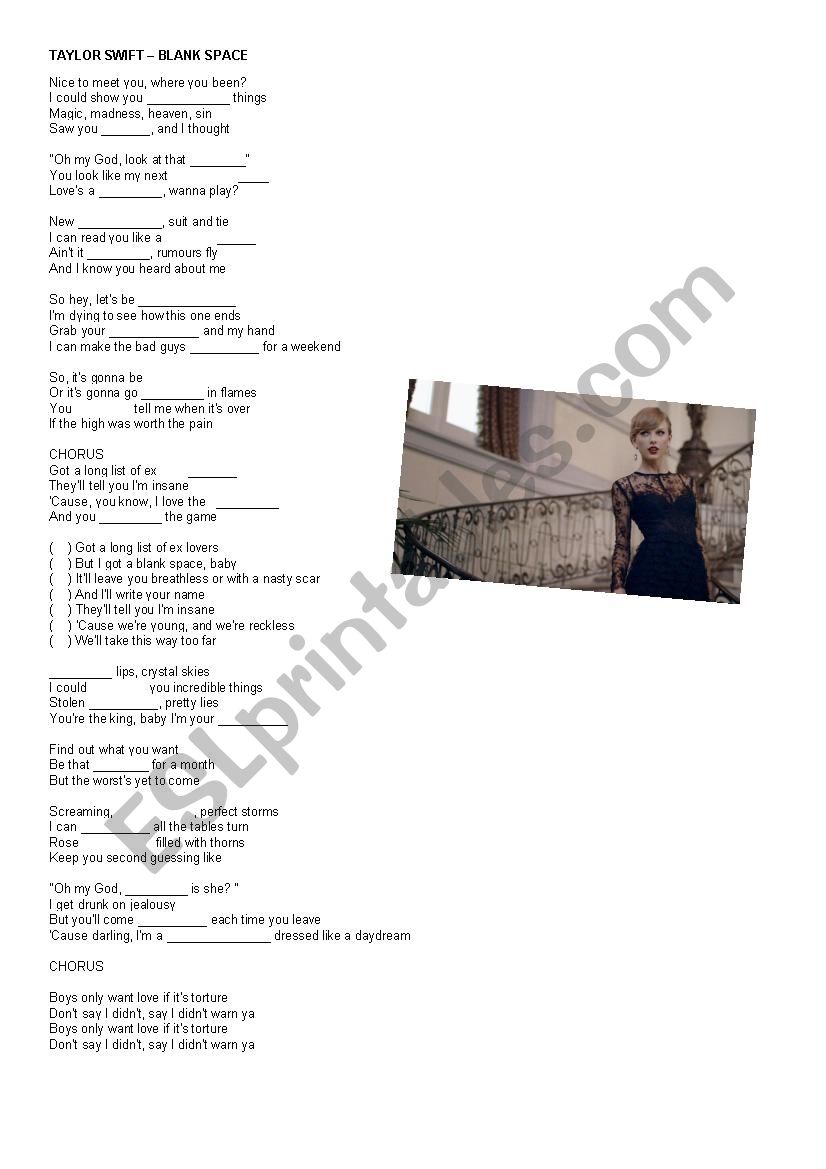 Taylor Swift - Blank Space worksheet
