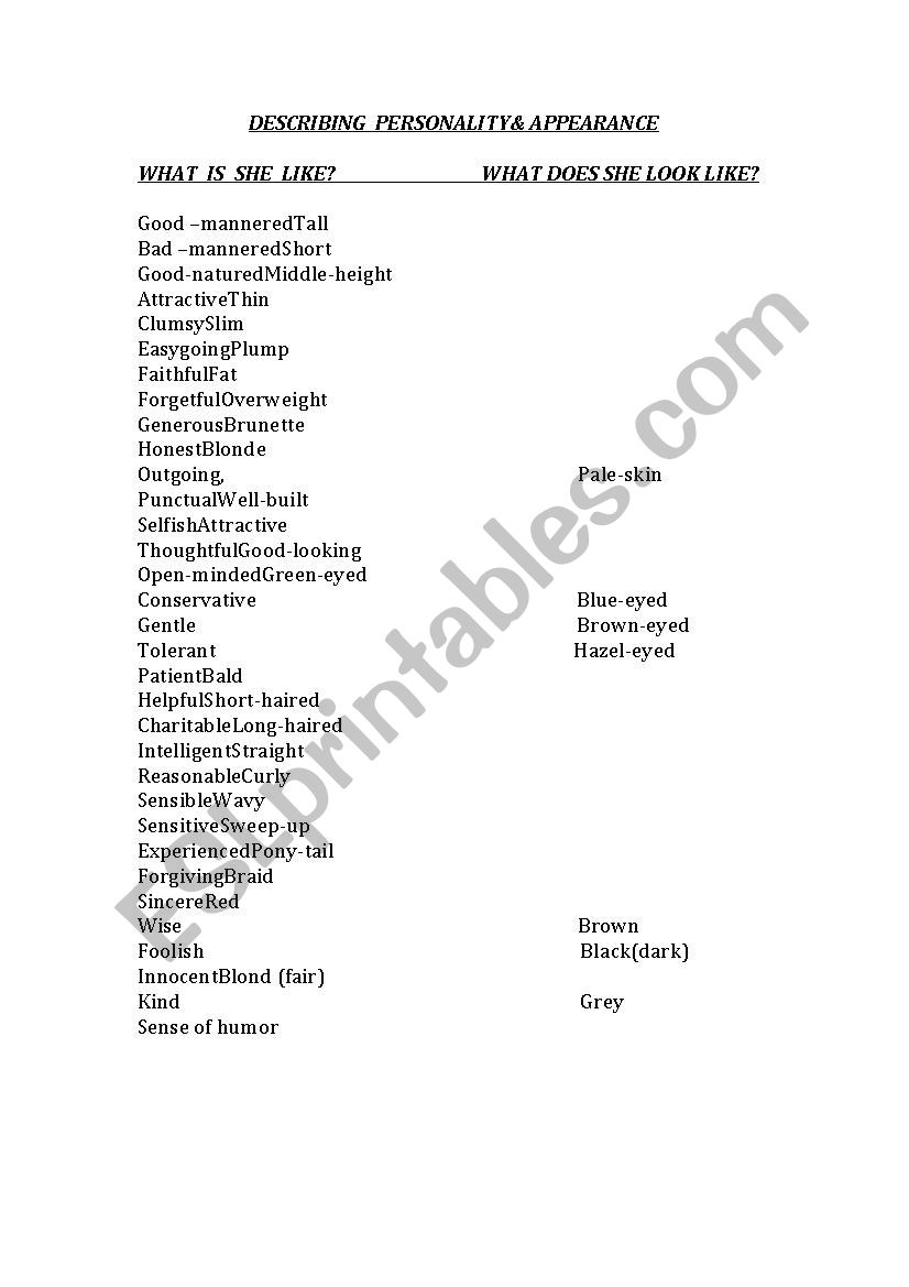 describing people list worksheet