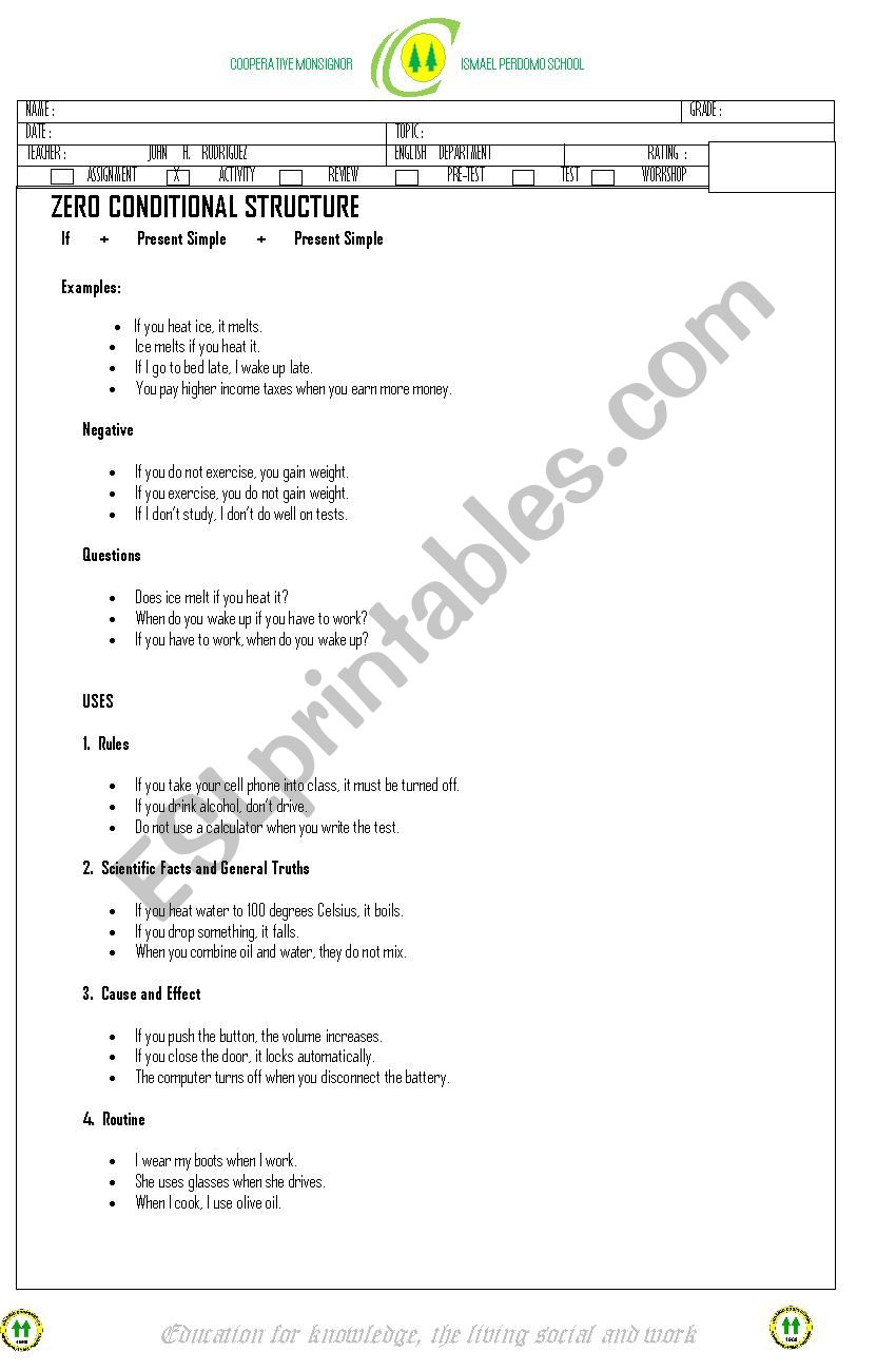 zero conditional worksheet