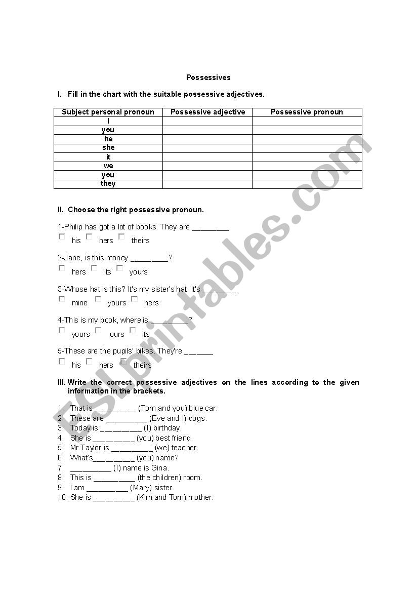 Possessives worksheet