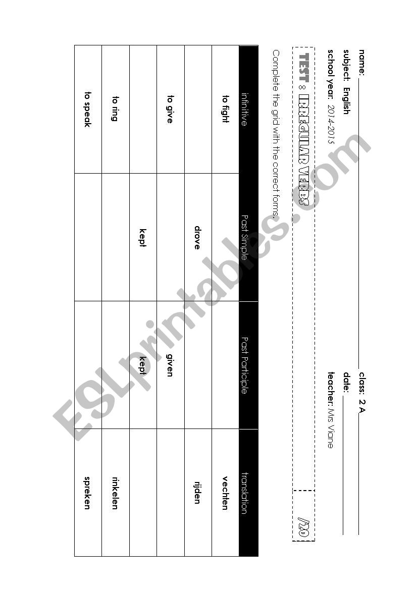 Test: the irregular verbs worksheet