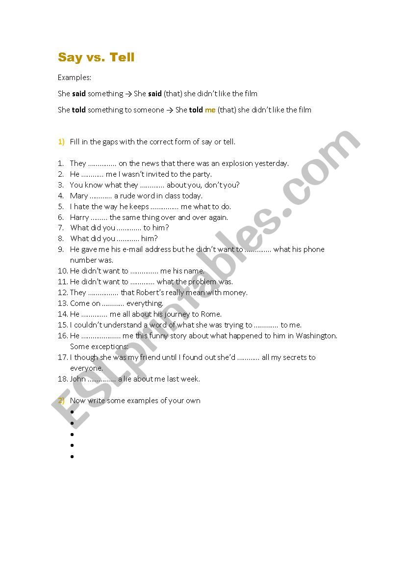 Say and tell worksheet